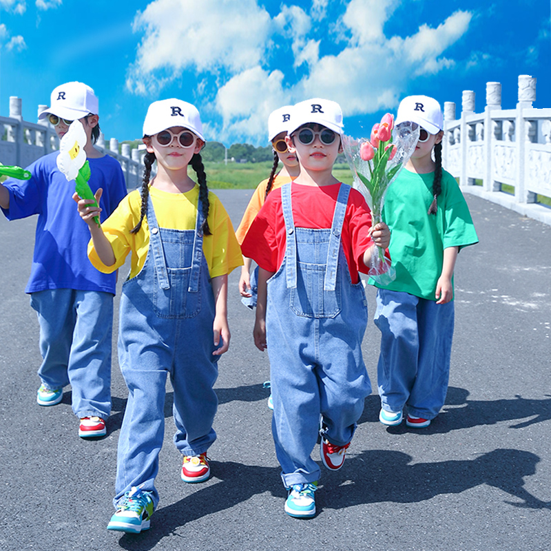 六一儿童合唱演出服幼儿园毕业照班服背带裤小学生服装啦啦队表演