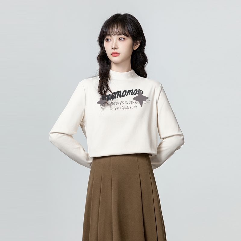 白色半高领德绒打底衫女秋冬季大码保暖衣女纯色内搭宽松长袖上衣 - 图2