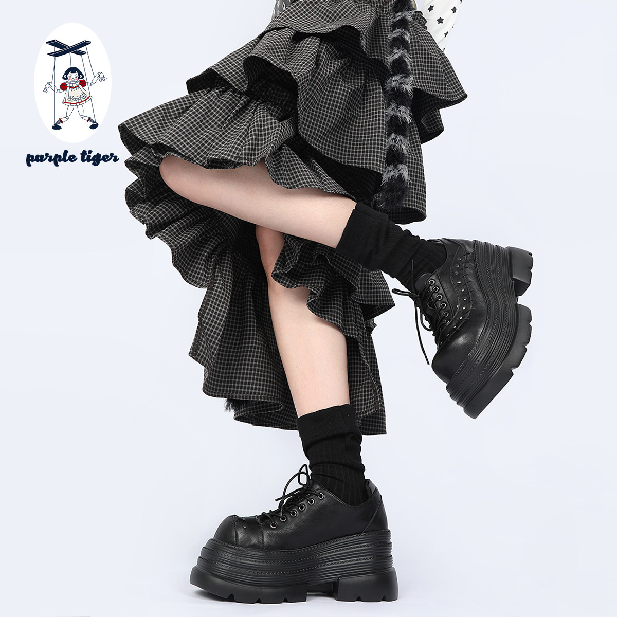 purple tiger【原创】2025年小众设计厚底小皮鞋哥特风系带方头鞋,淘宝优惠券,粉丝福利购,淘宝优惠卷
