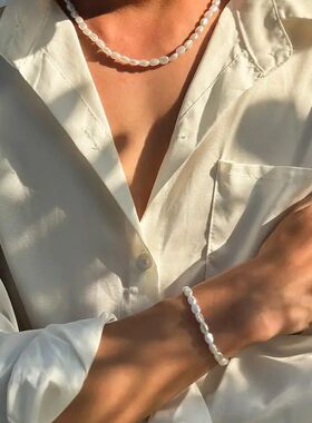 New Fashion Oval Imitation Pearl Chain Bracelet Necklace Men