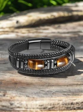 Tiger Eye Black Leather Bracelet Men Natural Gemstone Crysta