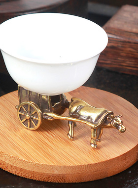 实心手工黄铜办公桌面摆件牛拉元宝车古铜茶宠饰品工艺品手把玩件