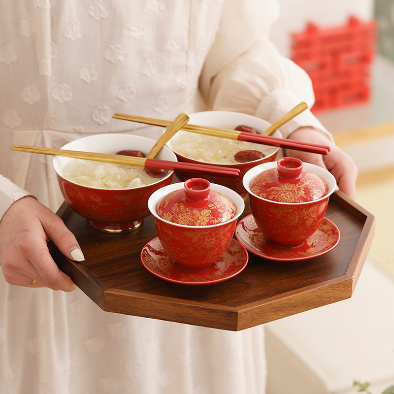 恒列结婚敬茶杯描金盖碗新婚喜碗筷勺一对套装婚礼改口杯子敬酒杯,淘宝优惠券,粉丝福利购,淘宝优惠卷