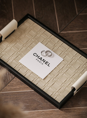 手工皮革木质托盘轻奢首饰收纳桌面摆件样板房间家居摆件水杯香薰