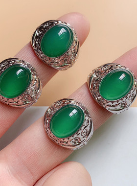 天然绿玛瑙戒指男女白铜镶