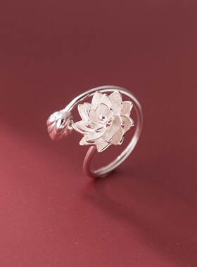 中国风纯白银莲花新款食指情人节戒指开口环个性戒指礼物玫瑰花