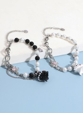 黑白色小幽灵串珠手链男女款情侣款小众设计冷淡甜酷辣妹可爱手串