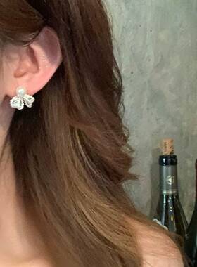 超仙公主风蕾丝蝴蝶结珍珠耳环女轻奢高级感耳钉巨好看设计感耳饰