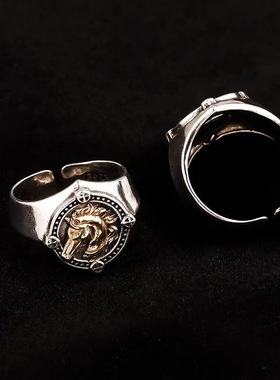 复古原创中世纪冲锋者战马徽章戒指动物纹章指环个性百搭男士尾戒