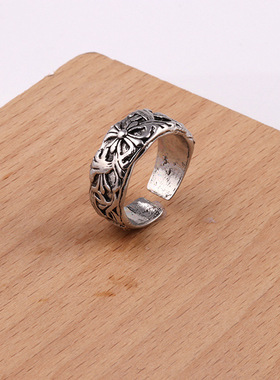 欧美潮流复古童军花十字戒指男潮高级感食指戒小众百搭不掉色指环