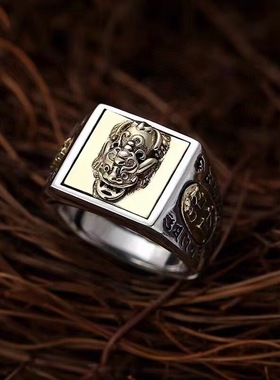 国风复古招财貔貅戒指男潮活口转运戒指男款银指环男士戒指可调节