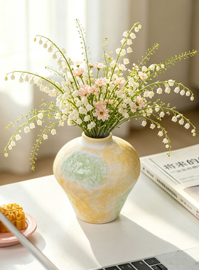 北欧风陶瓷花瓶黄色条纹家居客厅餐桌插花装饰品高级感糖果风摆件