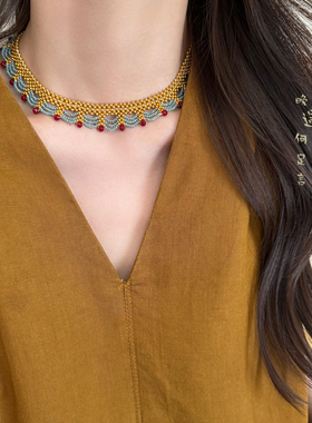 高品质~小米珠串珠颈链女款新中式复古蕾丝项链国风choker锁骨链