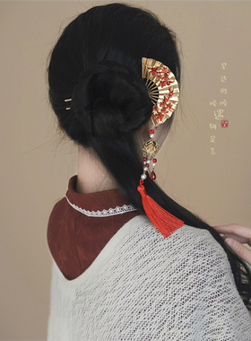 红色扇子步摇发簪复古高级感流苏