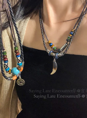 双层月牙铜钱项链新中式复古小众