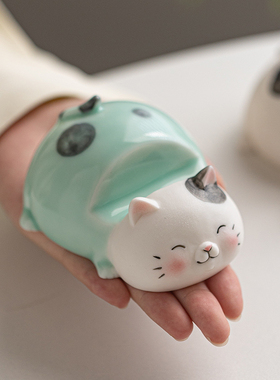 陶瓷可爱小猫咪手机支架笔架