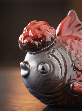 中国红陶瓷锦鲤摆件鸿运当头