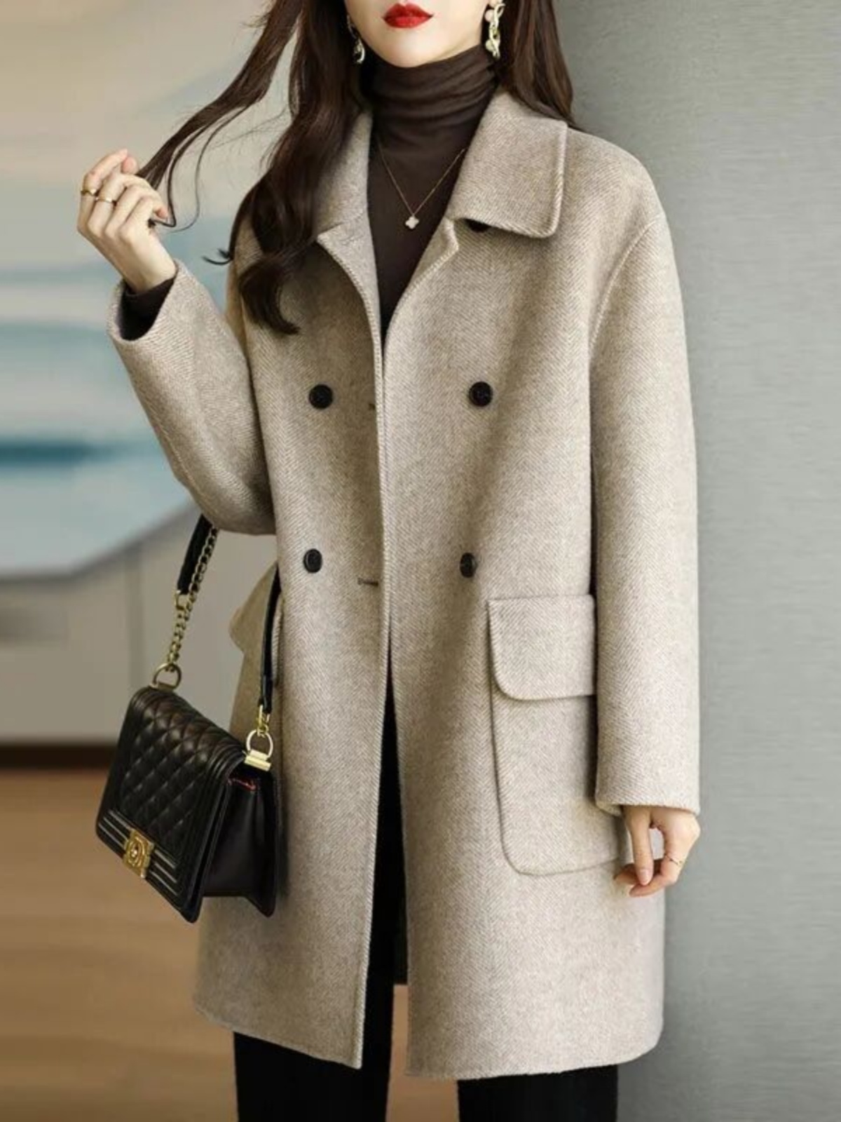韩国东大门黑色毛呢外套女2023秋冬季新款加厚显瘦中长款呢子大衣