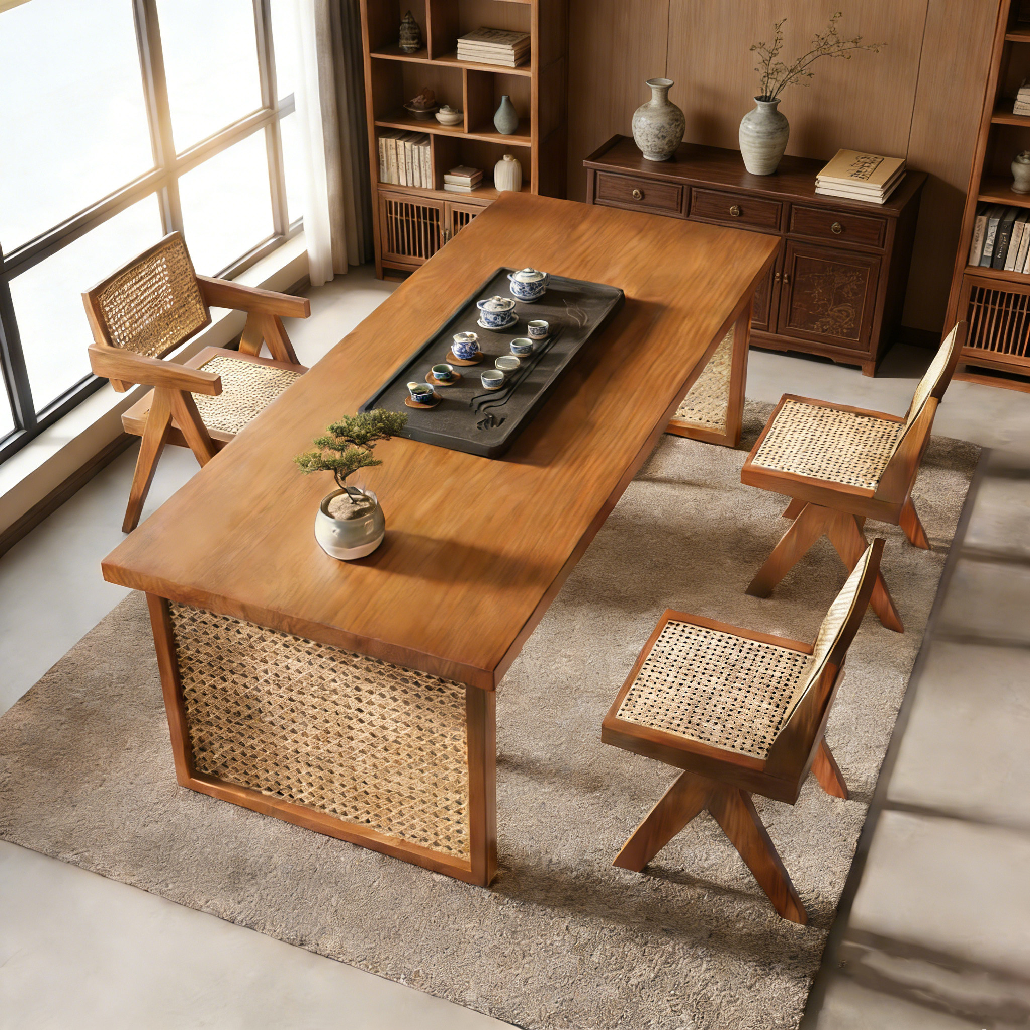 阳台藤编茶桌椅组合禅意宋式美学茶台实木茶几客厅家用小型泡茶桌,淘宝优惠券,粉丝福利购,淘宝优惠卷