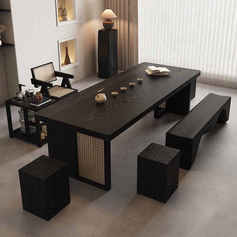 侘寂风藤编茶桌黑色实木茶几客厅家用小户型现代办公室茶台泡茶桌,淘宝优惠券,粉丝福利购,淘宝优惠卷