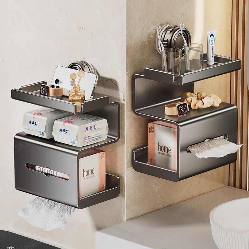 枪灰卫生间纸巾盒厕所挂卫生纸置物架免打孔厕纸盒卷纸水槽沥水袋 - 图1