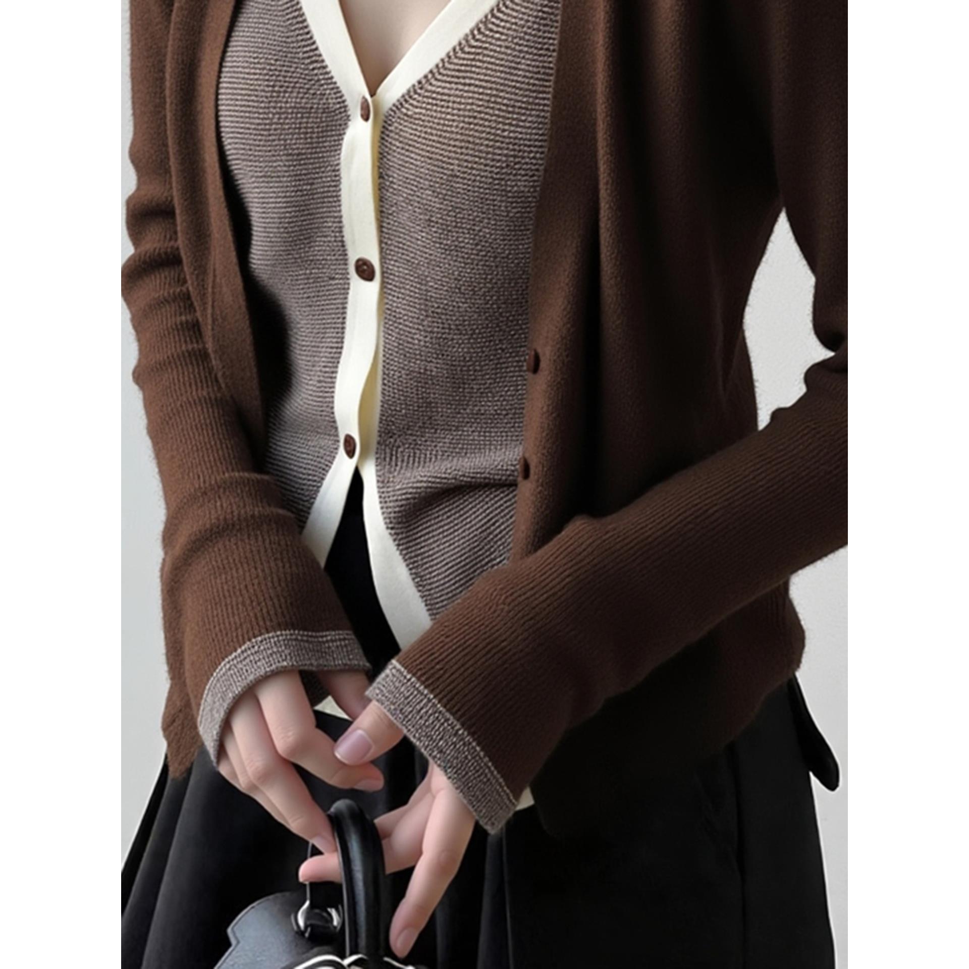 MONLOUVE专柜撤回国际大牌女装小众设计独特别致棕色假两件针织上 - 图0