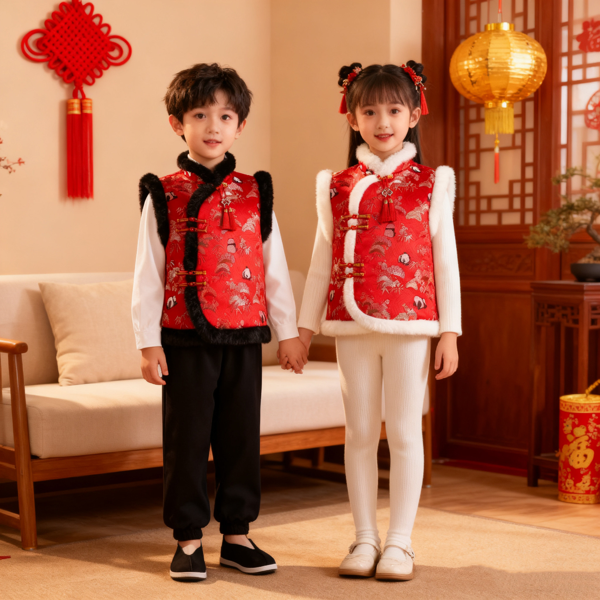 儿童拜年服唐装马甲男宝宝女童棉背心坎肩中国风幼儿园元旦表演服,淘宝优惠券,粉丝福利购,淘宝优惠卷