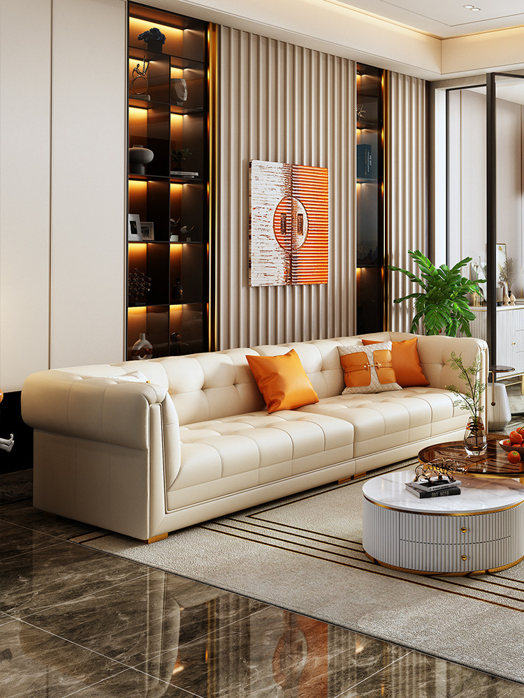美式轻奢直排四人位沙发头层牛皮奢华高端大气大户型横厅家具组合