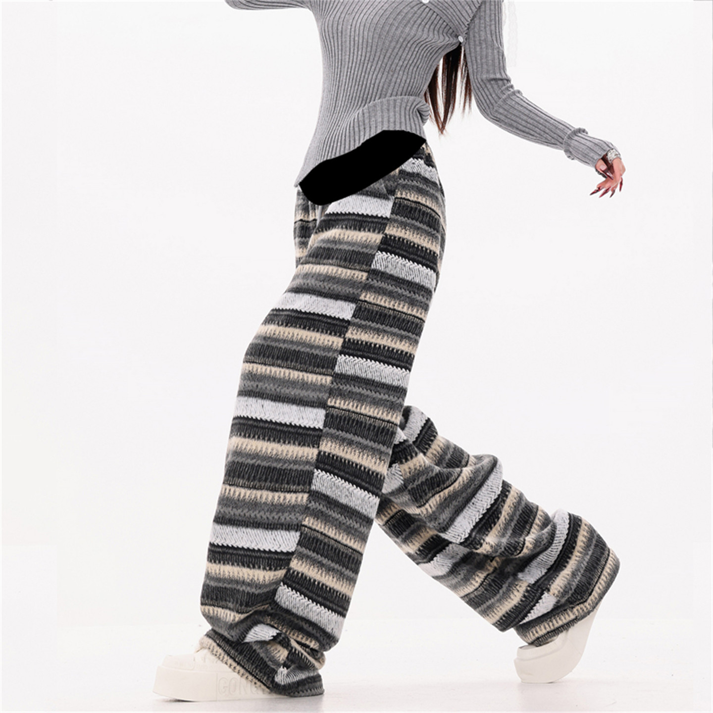 条纹加厚毛呢孕妇裤秋冬新款宽松托腹长裤大码拖地加长休闲阔腿裤,淘宝优惠券,粉丝福利购,淘宝优惠卷