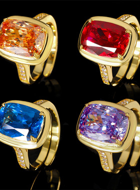 2024珠宝S925银镀18K金鸟巢切刚玉肥方复古黄金戒指10*14指环戒圈