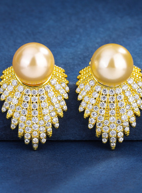 高档珠宝镀18K金镶嵌贝母珍珠韩版简约款金色珍珠套装12mm饰品