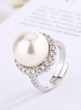 新款高档珠宝豪华镶嵌铜镀白金珍珠圆形简约女式戒指14mm饰品首饰