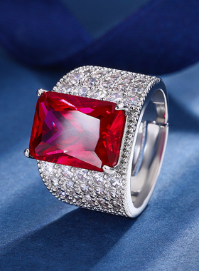 珠宝新款镶嵌镀18K金鸽血红刚玉小清新气质套装吊坠戒指10*14饰品