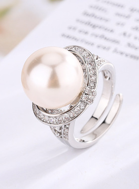 秋冬新款高档珠宝豪华镶嵌铜镀白金珍珠气质简约女式戒指14mm饰品