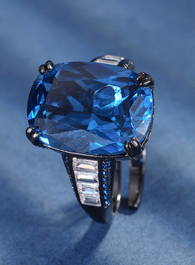 新款高档珠宝豪华镀18K金彩宝刚玉鸟巢切工黑金个性戒指女12*16