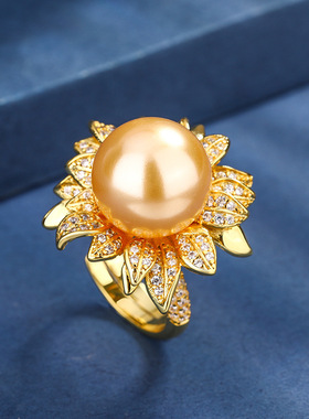 秋冬新款高档珠宝豪华铜镀白金新款镶嵌珍珠花卉镶钻女式戒指14mm