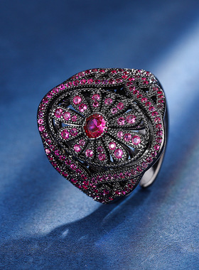 2024新款珠宝S925银镀18K金红刚玉黑金个性气质戒指女款首饰指环