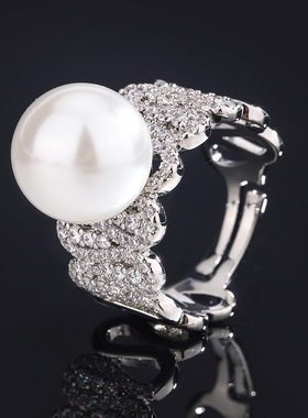 新款珠宝镀18K金镶嵌排戒珍珠气质个性女式人工培育宝石戒指12mm