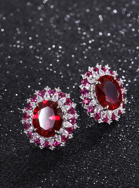 珠宝欧美流行S925银镀18K金红玻璃旦形吊坠戒指耳钉套装主石12*16