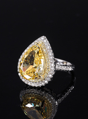 珠宝S925银镀18K金镶嵌彩宝款高碳钻黄钻水滴形毕口手饰戒指10*14