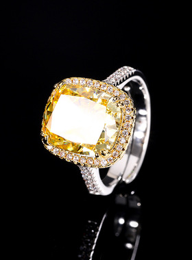 新款高档珠宝高碳钻冰花方钻镀18K金气质轻奢肥方戒指女10*12