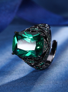 新款珠宝镀18K金红刚玉肥长方黑金复古戒指女人工培育宝石12*16