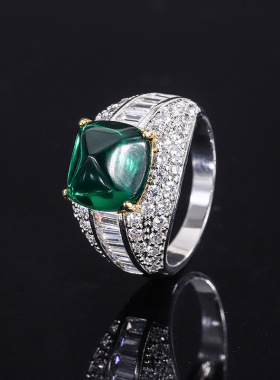 珠宝S925银镀18K金镶嵌彩宝祖母绿蓝宝糖塔满镶戒子主石10*10