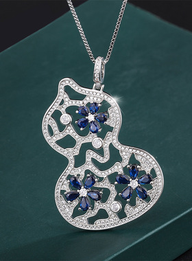 新款高档珠宝豪华镀18K金风复古彩宝款双色石镶钻葫芦吊坠项链