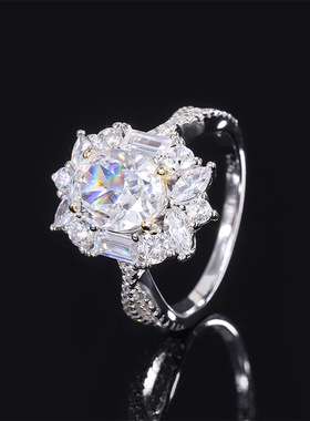 珠宝S925银镀18K金镶嵌彩宝款高碳钻8*10旦形简约质感女式戒指