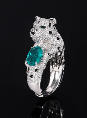 新款珠宝镀18K金彩宝满钻豪镶豹子气质戒指女款人工培育宝石主6*8