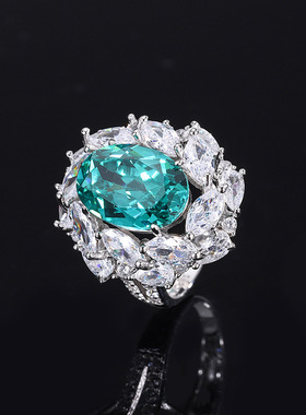 珠宝S925银镀18K金镶嵌彩宝碧玺帕拉伊巴旦形吊坠戒指套装主10*14