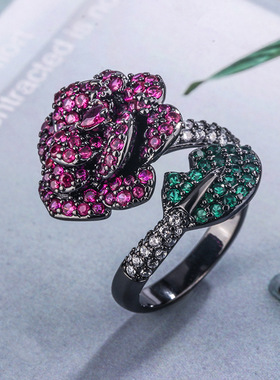 2024新款珠宝S925银镀18K金红刚玉黑金花朵个性戒指女款时尚礼物
