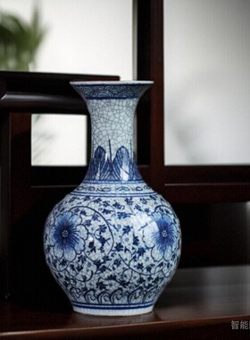 仿古官窑手绘青花裂纹釉陶瓷花瓶景德镇瓷器玄关博古架装饰品摆件