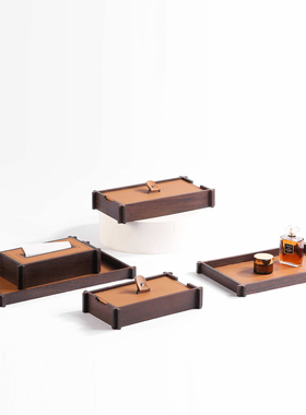 简约现代皮革首饰盒托盘香薰木质纸巾盒杯垫样板间售楼处装饰摆件